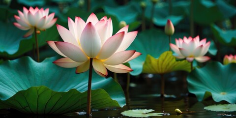 Poster - Lotus Flowers in Vibrant Colors Surrounded by Lush Green Leaves with Space for Text or Design Elements