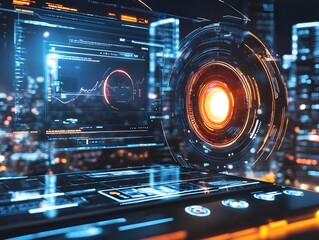 Fototapete - Futuristic digital interface displaying graphs and data, set against a backdrop of a modern cityscape. Ideal for showcasing innovation, AI advancements, and technological progress.