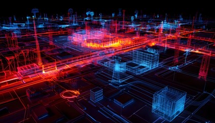 Poster - Futuristic digital landscape showcasing a network of glowing lines and structures. A vibrant city representation in blue and red colors. Perfect for tech and innovation themes.