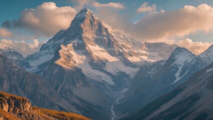 Wall Mural - Majestic Mountain Landscape with Dramatic Clouds and Snow-Capped Peak at Sunset in Serene Natural Environment