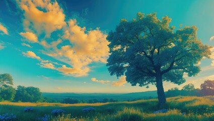 Poster - sky and tranquil tree amidst vibrant summer landscape and blue clouds in nature's serenity