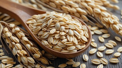 Close-up of natural dry oat seeds in a wooden spoon with scattered grains on rustic background showcasing rich textures and earthy tones.