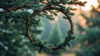 Poster - Natural circular frame made of spruce branches with blurred bokeh background ideal for text placement or promotional content.