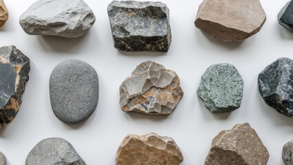 Poster - Collection of various granite and stone types arranged on a white background suitable for use in design and construction applications.