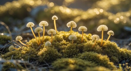 Poster - Golden Light Illuminating Spring Moss with Dew Drops and Tender Stems in Macro Photography Featuring Empty Space for Text