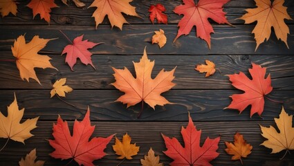 Poster - Autumn leaves in vibrant colors scattered on a rustic wooden background showcasing seasonal beauty and natural elegance.