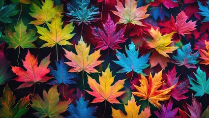 Poster - Vibrant assortment of colorful maple leaves on a dark background showcasing the beauty of autumn foliage in a vertical orientation.