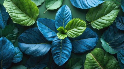 Poster - Vibrant macro shot of green and blue leaves creating a textured abstract eco background for nature-themed designs and projects.