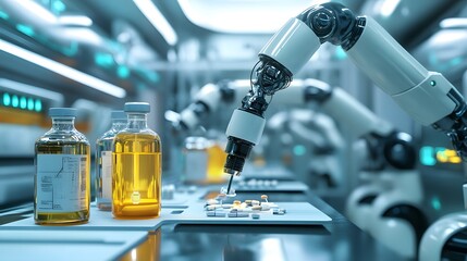 Poster - Futuristic robot in a high-tech laboratory setting, precisely dispensing liquid from bottles into small containers