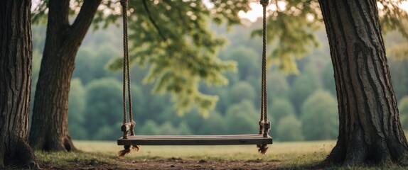 Poster - serene wooden swing suspended between lush trees with clear space for text in nature setting
