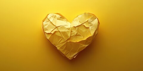 Wall Mural - Crumpled yellow paper heart on vibrant yellow background creates a striking visual representation of love and creativity