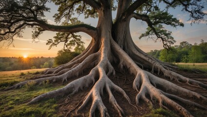 Poster - Majestic old tree with extensive roots bathed in sunset light surrounded by lush landscape showcasing nature's beauty and resilience