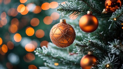 Poster - Christmas tree adorned with orange ball ornaments showcasing a vibrant bokeh background creating a festive holiday atmosphere.