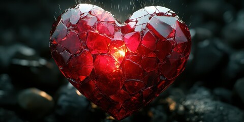 Wall Mural - Shattered crystal heart glowing among dark stones in an evocative and artistic display of emotion and beauty