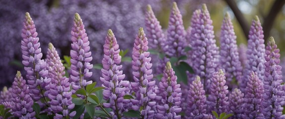 Poster - Lupinus Polyphyllus Lilac Blossoms with Blurred Background and Space for Text Overlay