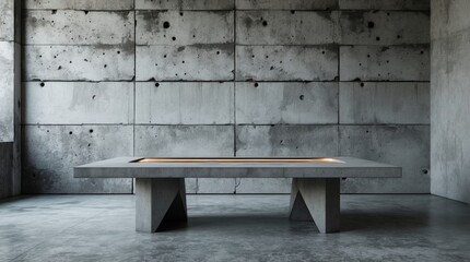 Poster - Modern minimalistic gray concrete table against an industrial backdrop of textured cement walls, ideal for contemporary interior design themes.