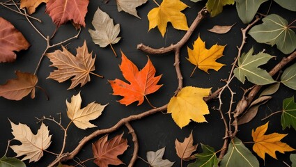 Poster - Autumn Leaves and Twigs Laid on Dark Surface Showcasing Natural Colors and Textures of Seasonal Foliage