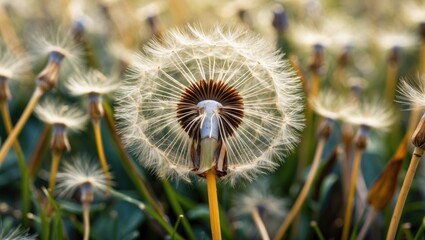 Poster - dandelion seed head backlit by sunlight in a vibrant green field capturing nature's delicate beauty 