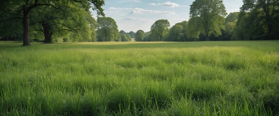 Poster - Lush green meadow landscape with distant trees under a cloudy sky featuring ample copy space for text or branding elements.