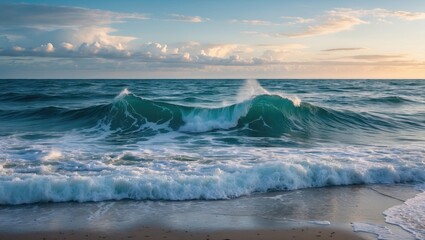 Poster - Tranquil Ocean Waves at Sunset Reflecting on Sandy Beach Shoreline
