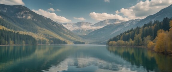 Poster - Serene Forest Lake Surrounded by Majestic Mountains and Lush Trees Reflecting in Calm Waters with Clear Sky and Copy Space for Text