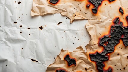 Poster - Burnt paper texture on wrinkled surface showcasing charred edges and spots, ideal for background use in design and artistic projects.