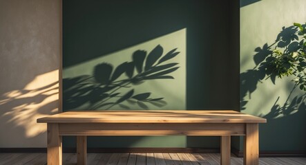 Wall Mural - Minimalist interior scene with wooden table casting shadows on a dark green wall, creating a serene ambiance for branding and presentations.