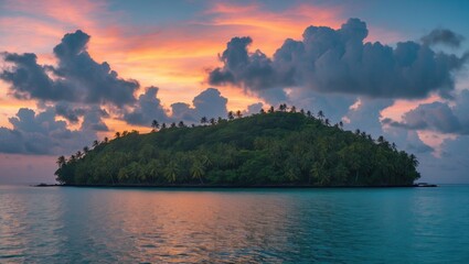 Poster - tropical island at sunset with colorful sky and calm waters reflecting nature's beauty in a serene e