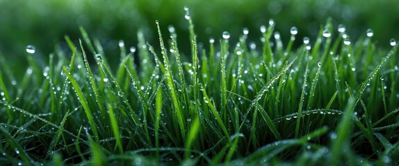 Poster - fresh green grass with dew drops in close-up and ample space for text overlay
