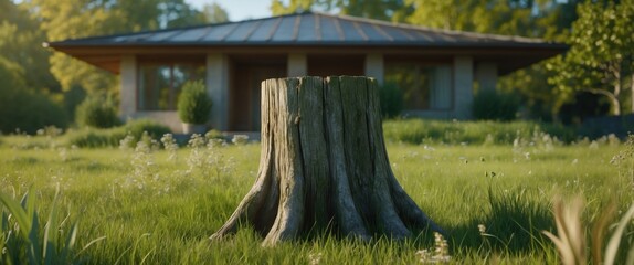 Poster - Stump Surrounded by Lush Green Grass in a Serene Meadow with Modern Architecture in the Background