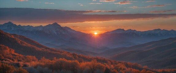 Poster - Majestic Sunset Over Mountain Range With Vibrant Colors And Clear Space For Text In Scenic Landscape