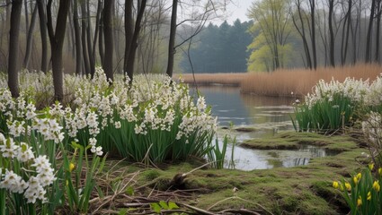Poster - Serene spring landscape with white flowers, lush green reeds, and tranquil lake surrounded by trees and soft reflections in calm water.