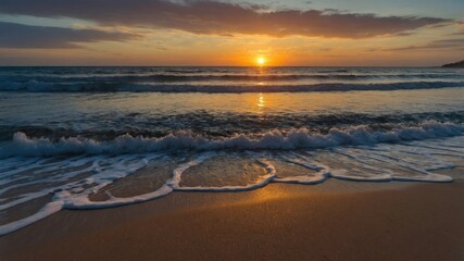 Poster - Tropical Beach Sunset Over Calm Waves With Reflection On Golden Sand Scenery