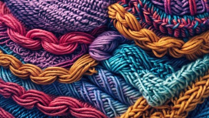 Poster - Vibrant knitted wool textures showcasing intricate patterns and various colors in a close-up composition for creative design projects.