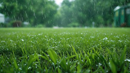 Poster - Lush green grass in a tranquil lawn during a rainy season with soft shoots glistening in the rainfall creating a serene natural background.