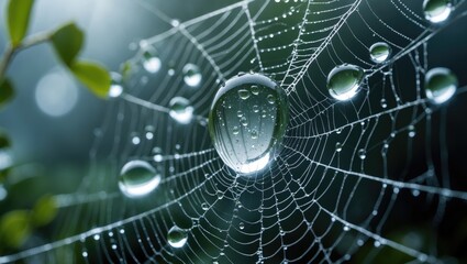 Poster - Intricate Cobweb with Large Water Droplets Reflecting Nature's Beauty in a Serene Environment