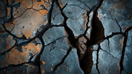 Poster - Cracked grunge metal texture with orange and blue hues perfect for industrial or abstract backgrounds in design and creative projects.