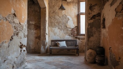 Poster - Vintage interior showcasing a weathered wall and rustic furnishings creating a nostalgic and atmospheric ambiance in a deserted home.
