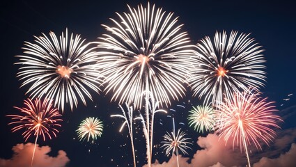 Poster - Vibrant Fireworks Display with Vivid Streaks in Background and Ample Space for Text Overlay in a Night Sky Setting