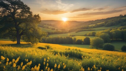 Poster - summer sunset over golden field with lush green hills and tree silhouette for text placement