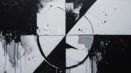 Leinwandbilder - Abstract black and white geometric painting featuring a circular design with dynamic splashes and textured brush strokes.