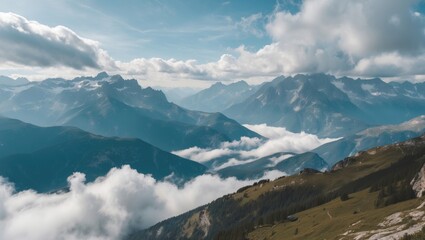 Fototapete - Majestic High Tatra Mountains Under Bright Blue Skies Surrounded By Soft Clouds and Lush Greenery on a Sunny Day