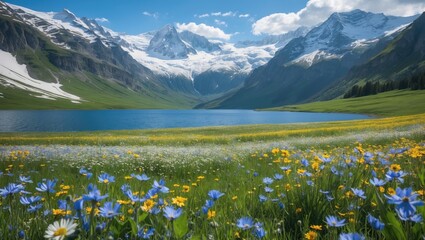 Poster - tranquil summer scene with colorful wildflower meadow, majestic snow-capped mountains, and serene bl