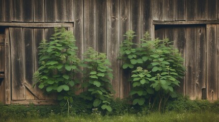 Poster - Lush green ground elder plants thrive against the rustic wooden wall of an old barn in a serene countryside setting.