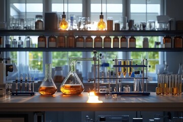 Poster - Chemistry lab with glassware showcasing experiments under warm lights in a bright environment