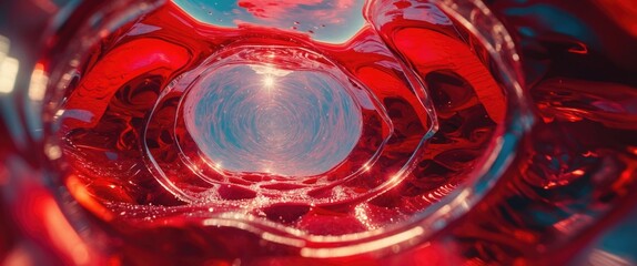 Poster - through a red glass perspective colorful reflections and patterns in crystal clear glassware abstrac