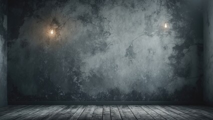Poster - Grunge textured grey background with hanging lights and wooden floor ideal for showcasing text or images in a minimalist setting