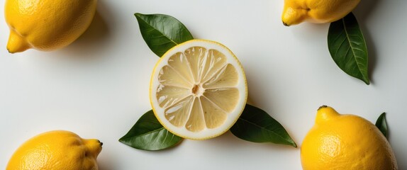 Poster - Fresh Lemons On A White Background Sliced In Half With Green Leaves Beautifully Arranged For Culinary And Beverage Presentations