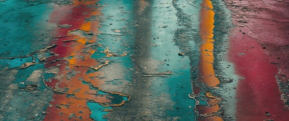 Poster - Colorful grunge texture of weathered polished concrete surface with vibrant hues and peeling paint patterns for creative backgrounds and designs.
