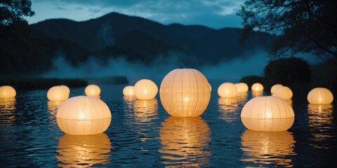Poster - Illuminated Lanterns Floating on Serene Water with Mist and Mountains Creating a Tranquil Atmosphere for Text Overlay